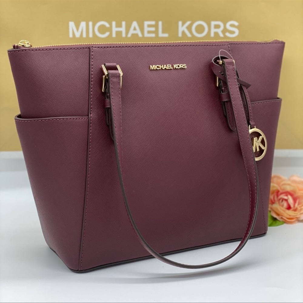MICHAEL KORS Charlotte Large Leather Top-Zip Tote Dark Cherry NWT - Picture 1 of 16